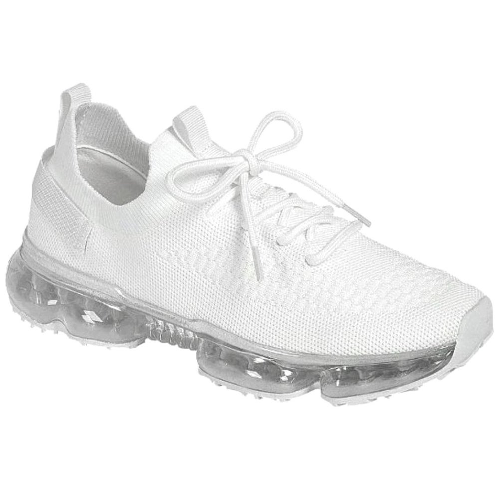 New White Knitted Lace Up Clear Heel Sneakers - Picture 3 of 5